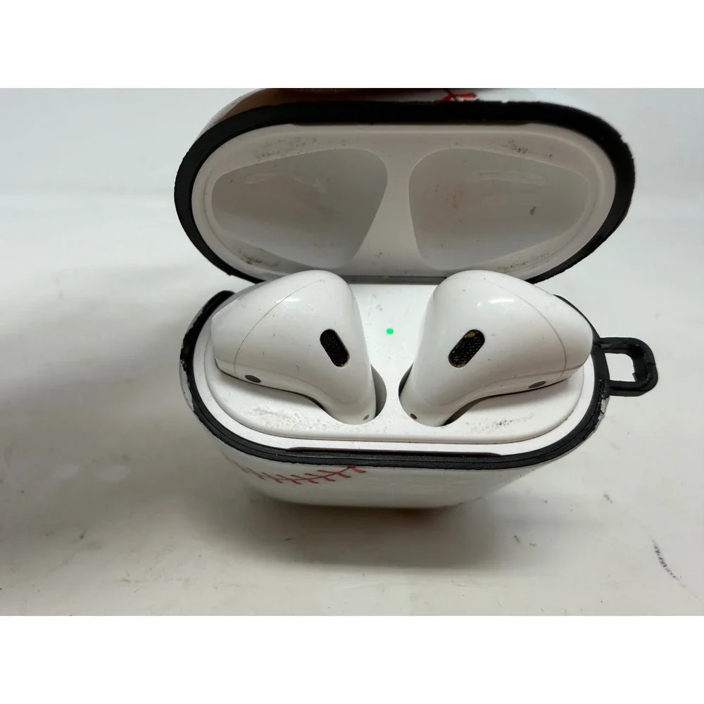 Apple AirPods 2nd Gen A2031 A1602 White with Baseball Stitching Silicone Case. E